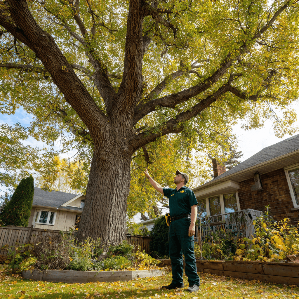 Independent arborist discussing tree removal timing with a homeowner in an Ontario residential backyard in autumn