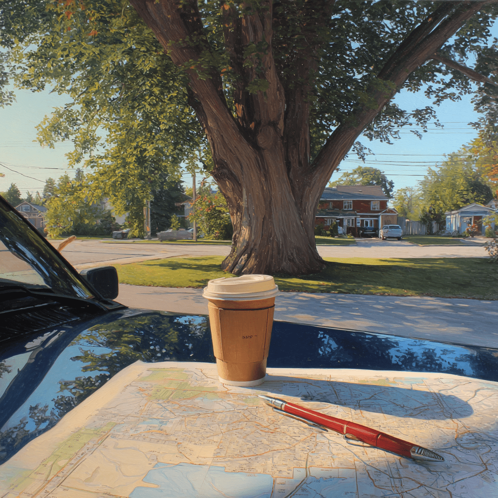 Homeowner reviewing a CLOCA flood mapping printout on a truck hood near a Duffins Creek corridor property in Pickering with large trees visible