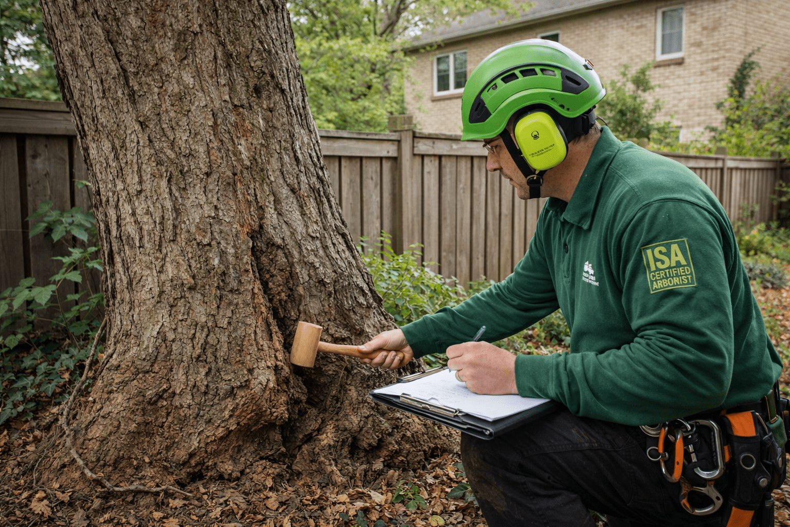 Independent ISA Certified Arborist assessing a hazardous tree near the boundary of two Toronto residential lots