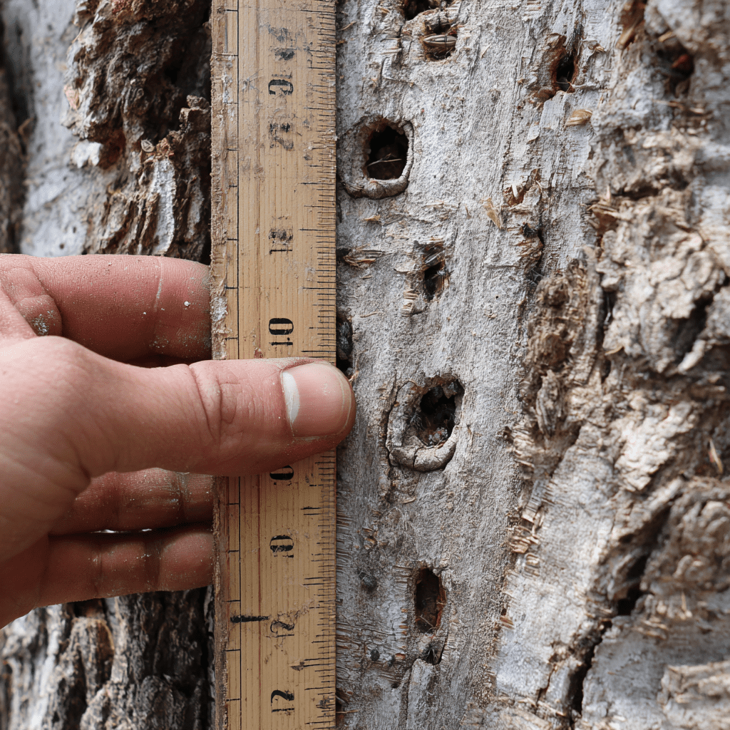 Close-up of emerald ash borer D-shaped exit holes on ash tree bark at a Toronto residential property