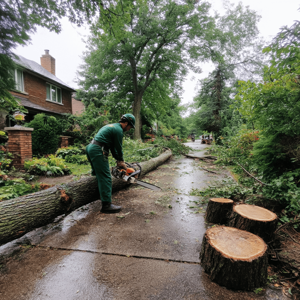 Independent tree care professionals cutting and clearing a large fallen tree from a Toronto residential driveway after a storm