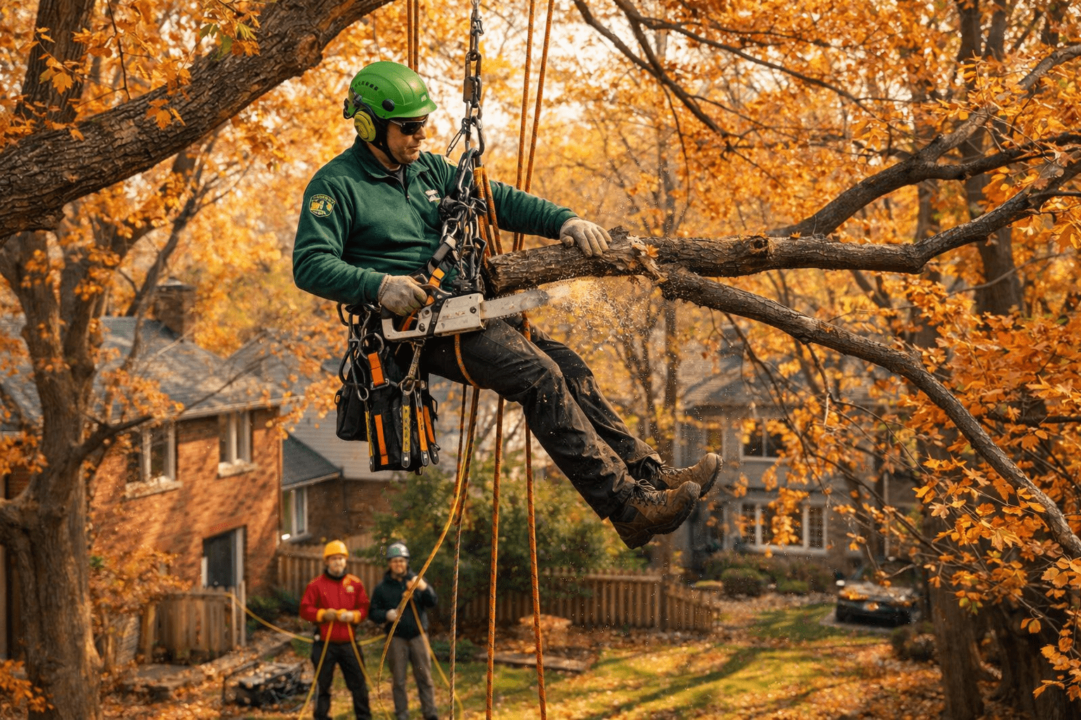 Independent arborist reviewing fall tree care and pruning concerns on a large residential tree in the GTA with autumn foliage