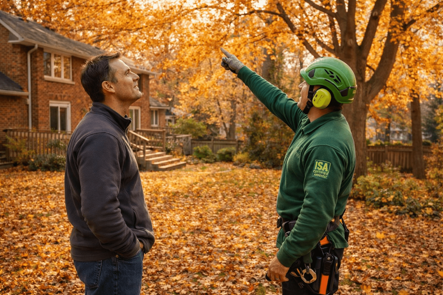 Homeowner and independent arborist conducting a fall tree inspection in a GTA residential backyard with autumn leaves on the ground