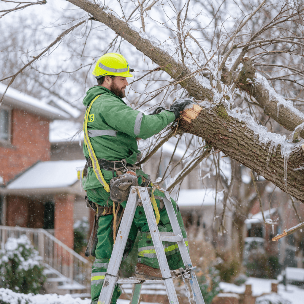 Independent arborist assessing ice storm tree damage at a Toronto residential property in winter