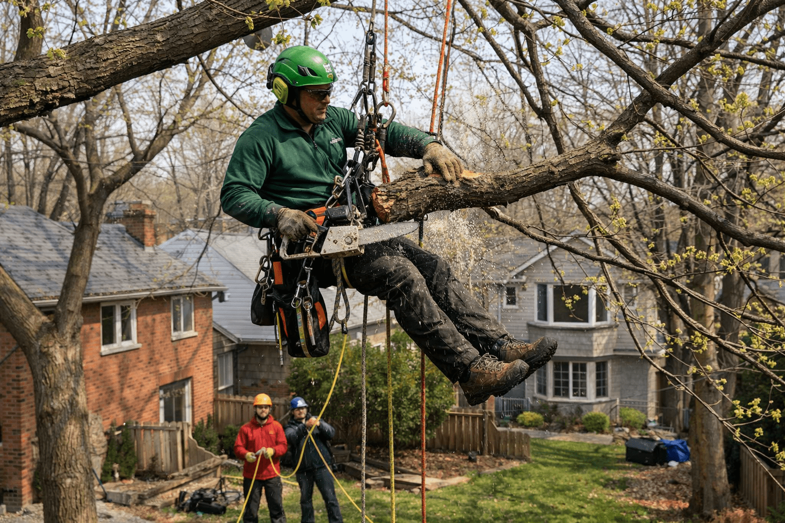 Independent tree care professional pruning a large residential deciduous tree canopy in Toronto in early spring using climbing ropes