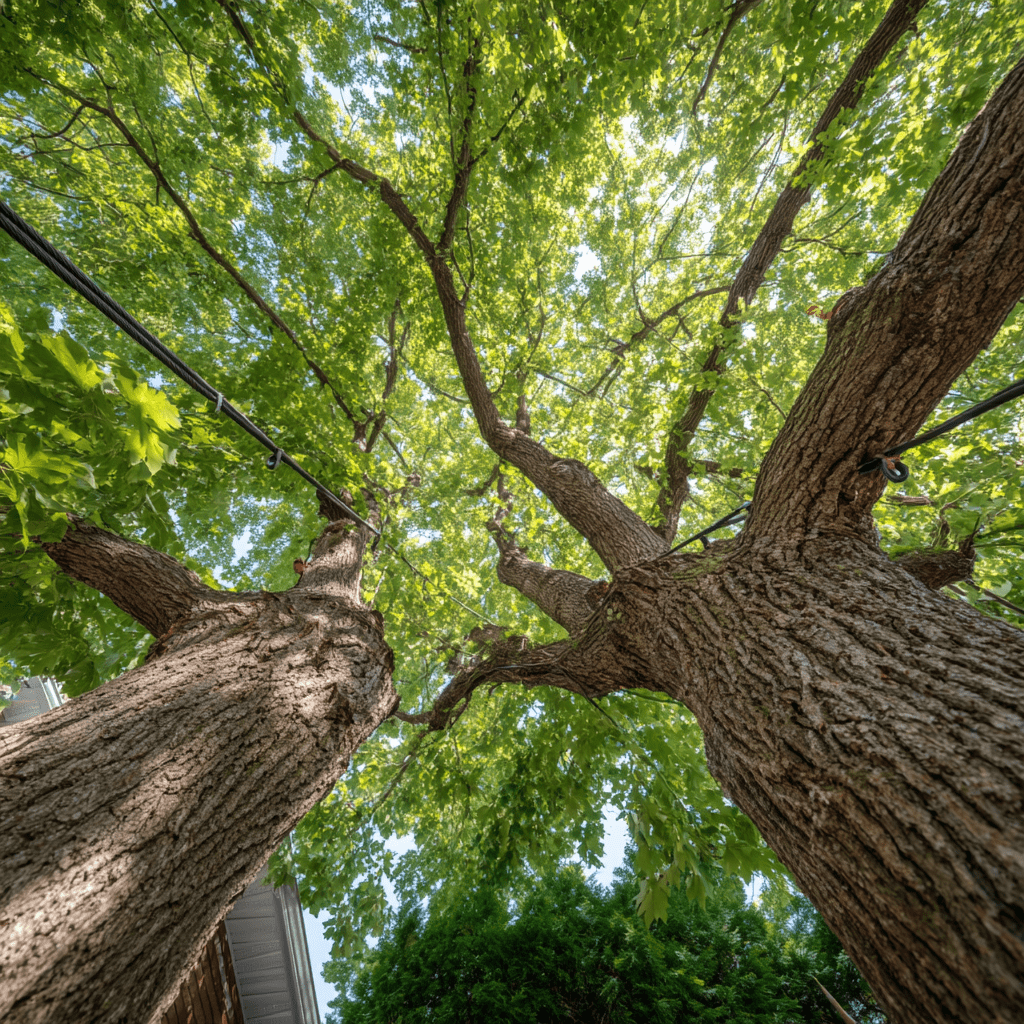 Installed support cable between two major co-dominant stems of a large residential tree in Toronto providing supplemental structural support