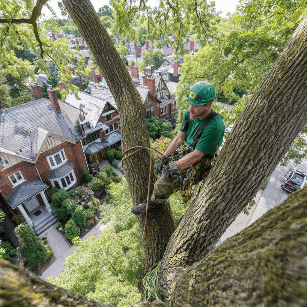 Independent arborist installing a support cable between two co-dominant stems of a large Toronto residential tree