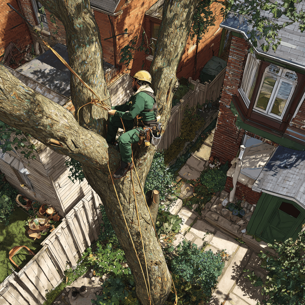 Tree removal in progress on a large tree in a tight backyard space close to a structure in Toronto