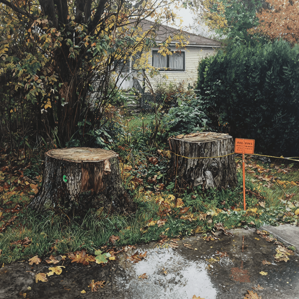 Two stumps side by side in a Whitby backyard showing a small stump with a green marker and a large stump with an orange permit notice attached