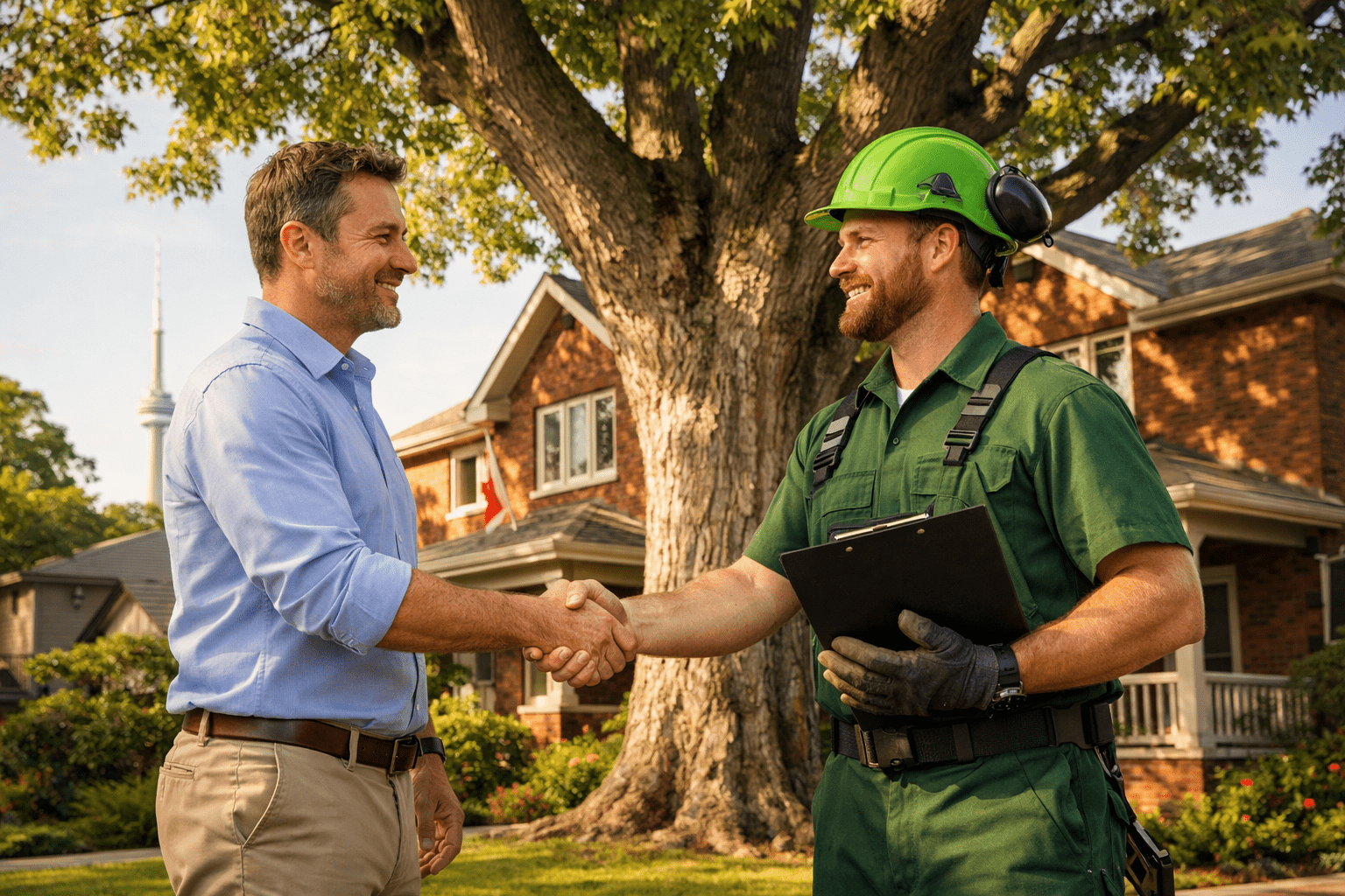 GTA professional and Toronto Tree Services representative shaking hands at a residential property confirming a trade partner referral arrangement