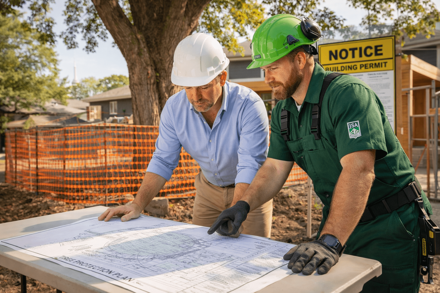 General contractor and ISA certified arborist reviewing a tree protection plan at a Toronto construction site before the building permit is issued