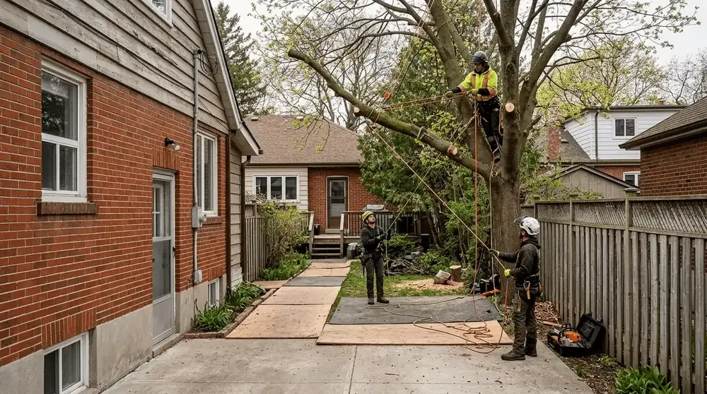 Professional tree care crew safely cutting and rigging a mature tree on a Toronto residential property