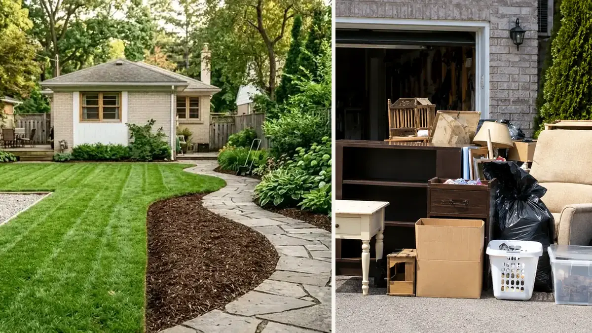 Ajax driveway and landscaped access route shown beside a household junk load ready for removal