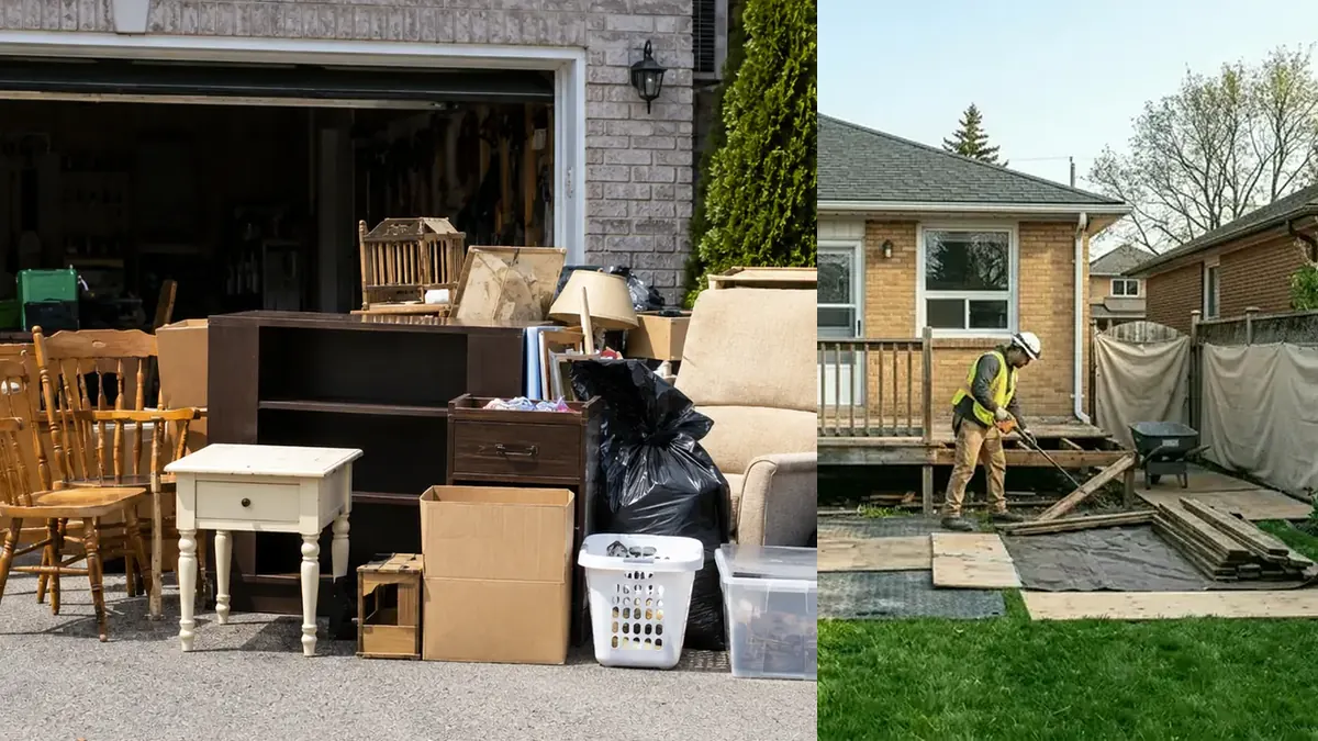 Household furniture and boxes staged for an Ajax garage cleanout with residential access shown in context