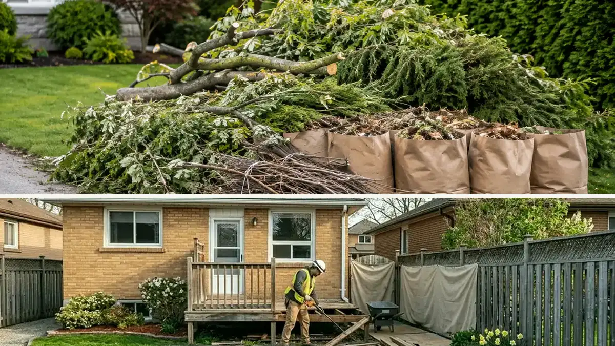 Bagged yard debris and branches shown with an Ajax residential cleanup route after exterior work