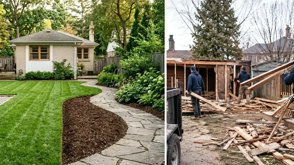 Bowmanville finished yard access shown beside project debris to explain the route from material to the pickup point