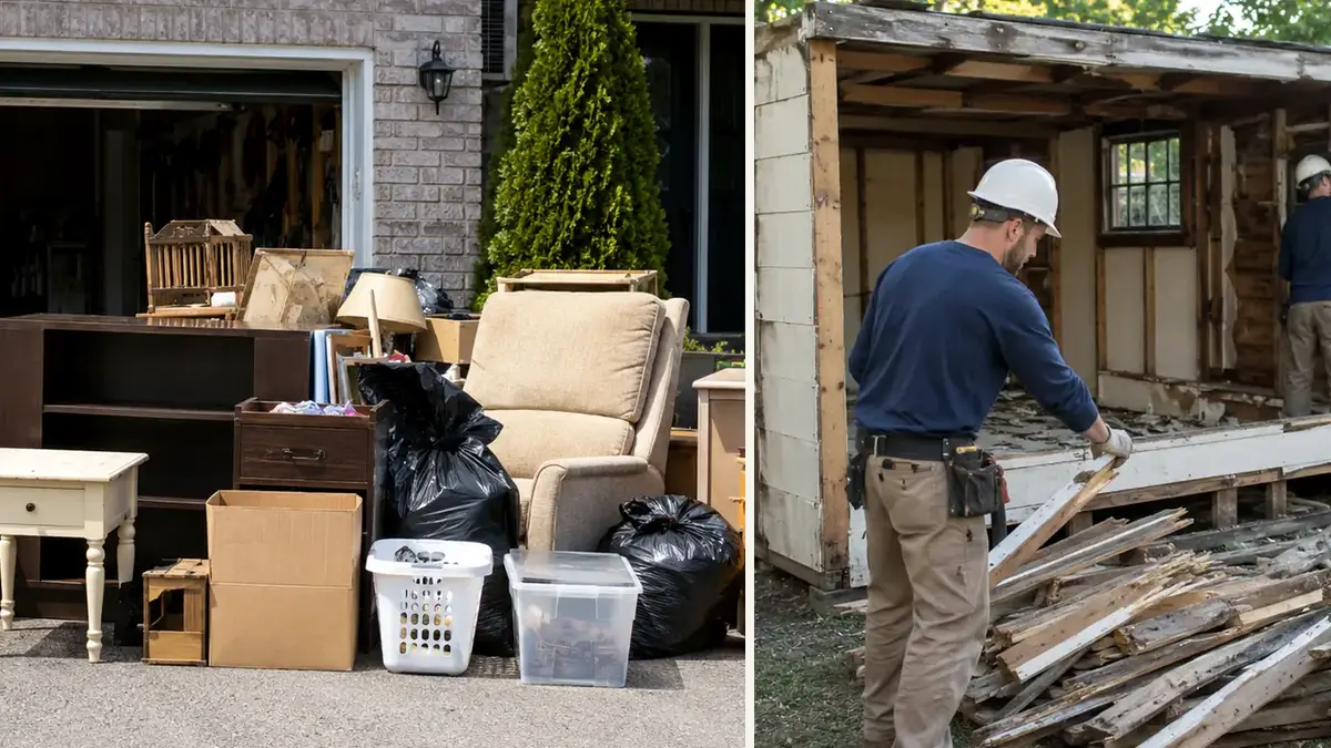 Bowmanville household cleanout with a small project-debris inset to distinguish loose haul-away material from active work