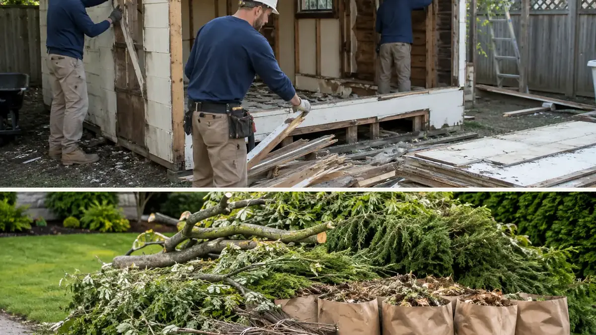 Bowmanville project debris shown with bagged yard material in separate panels for haul-away review