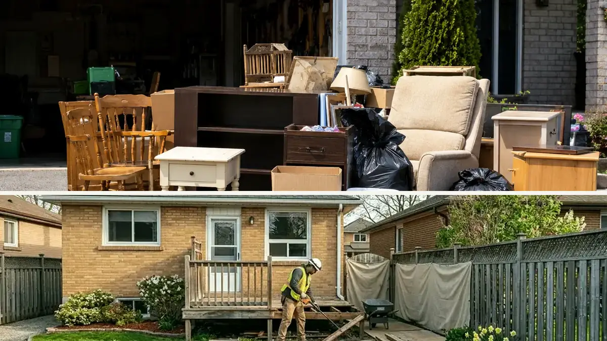Furniture and household contents staged for a Pickering cleanout with backyard access shown in the same image