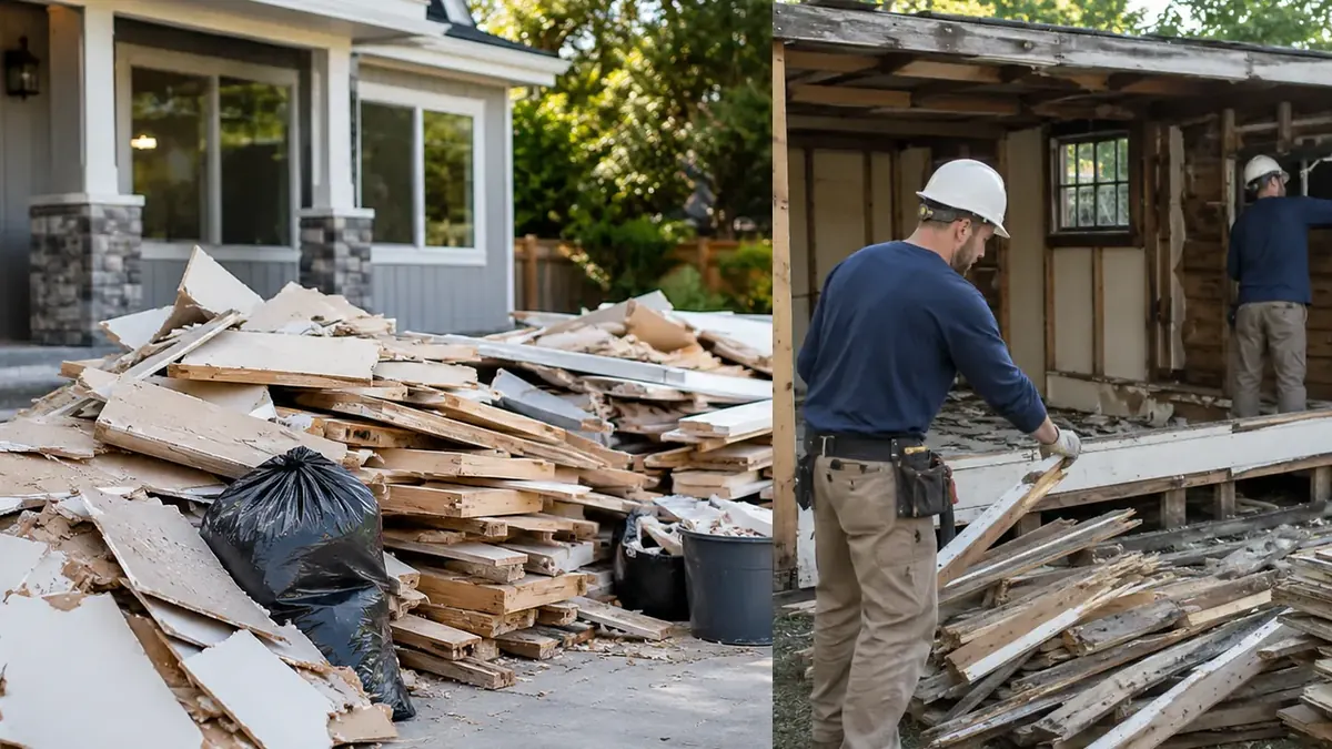 Renovation debris at a Pickering home with finished landscaping shown as part of the haul-away access context