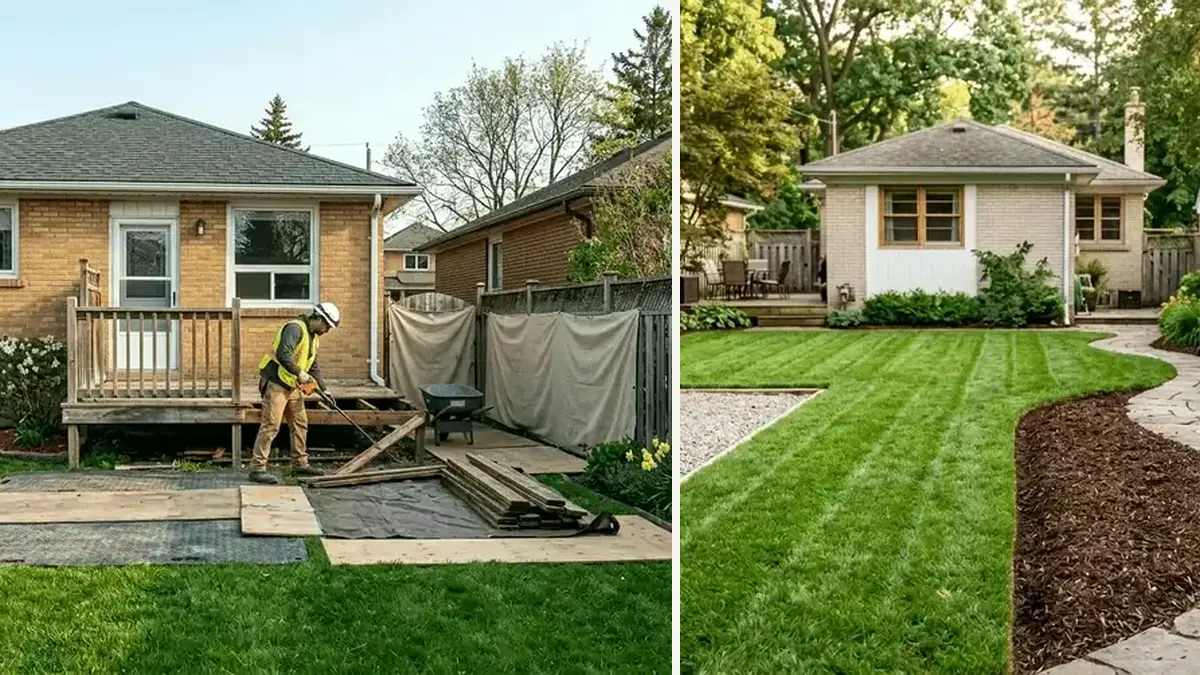 Whitby backyard carrying route and finished landscaping shown together for junk-removal access planning