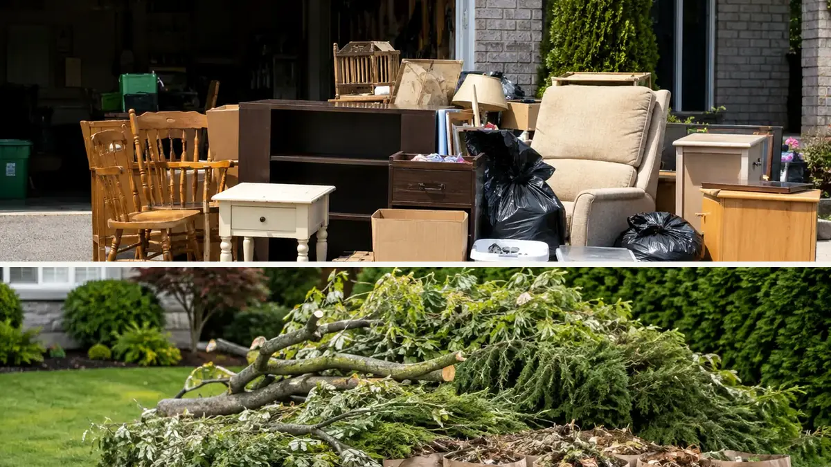 Household cleanout items in Whitby shown with bagged exterior debris to distinguish the material groups