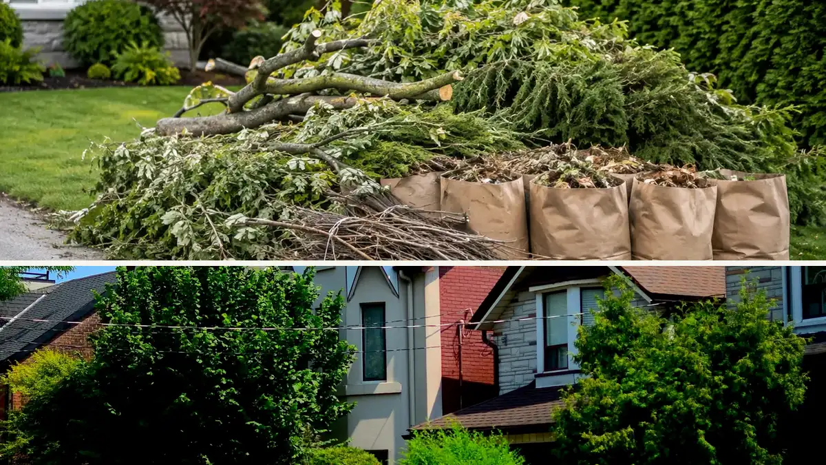 Bagged yard debris and branches at a Whitby property with neighbourhood access shown in the lower panel