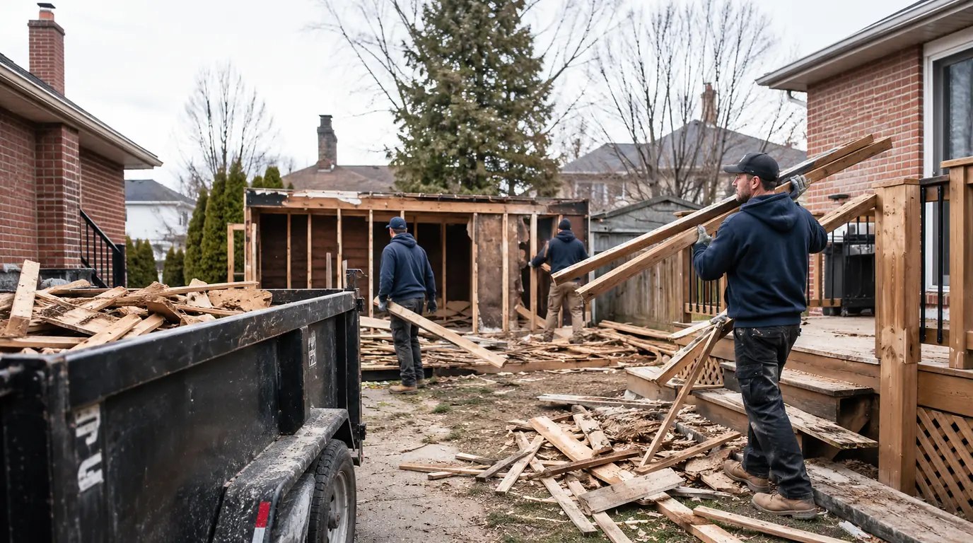 Workers dismantling a residential exterior structure for demolition and removal in the east GTA
