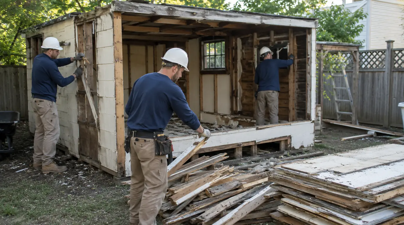 Crew dismantling a backyard shed with removed materials staged for demolition cleanup
