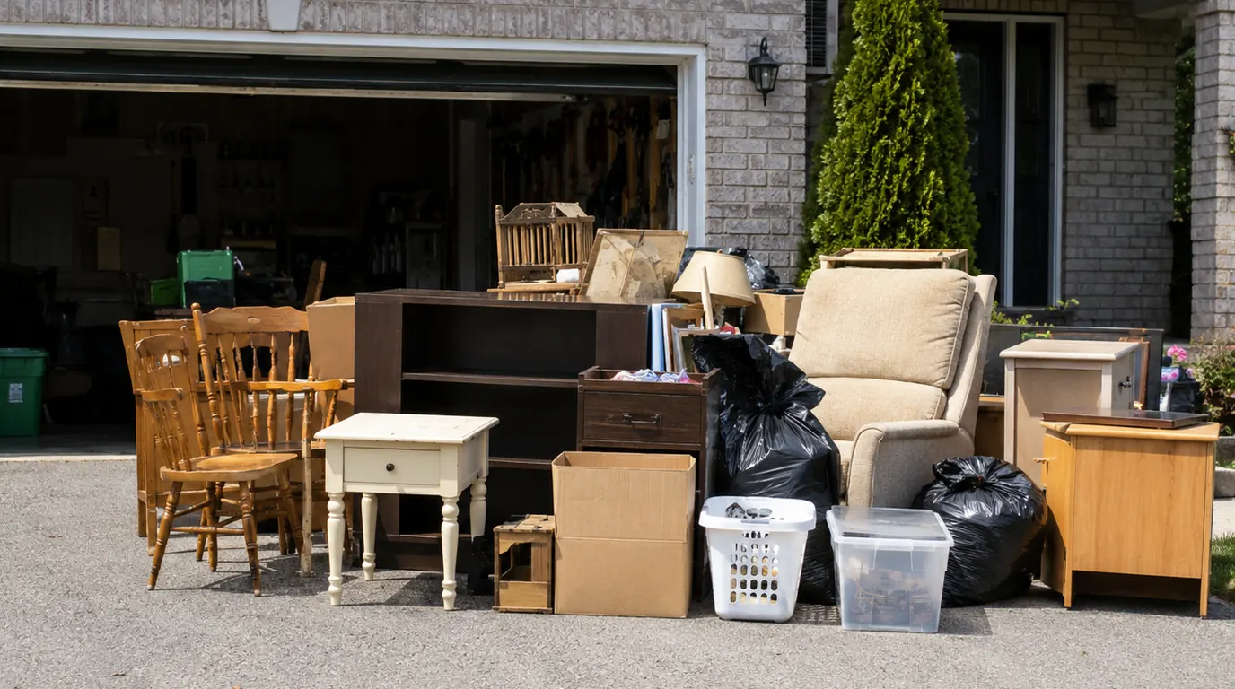 Furniture, boxes and household items staged outside a suburban garage for junk removal