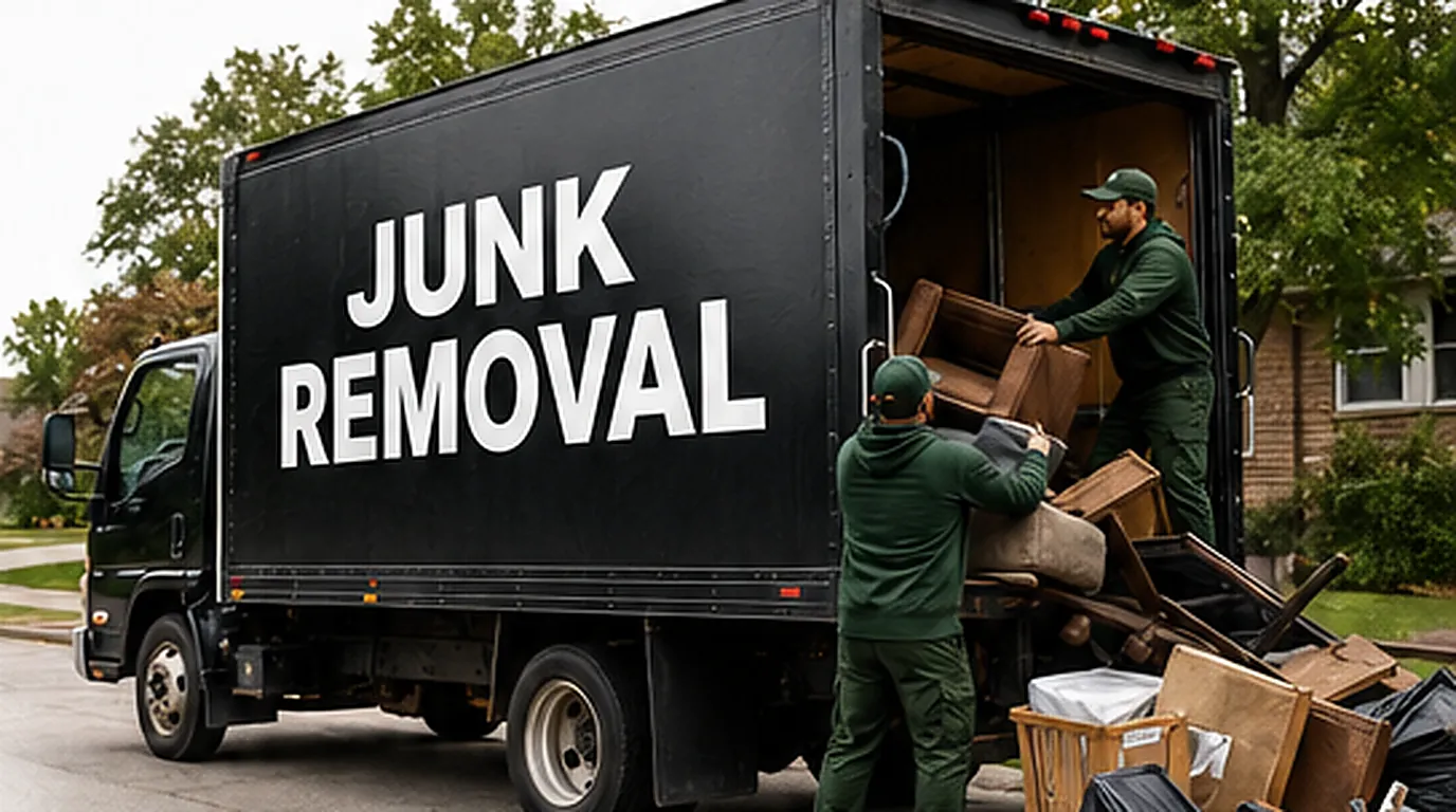 Junk removal crew loading household items into a truck in a residential east GTA neighbourhood