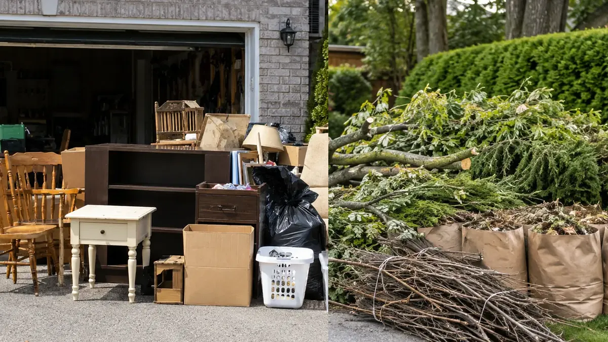 Furniture, boxes and household clutter staged outside a garage for junk removal