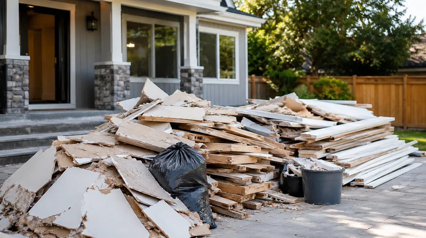 Drywall, lumber and renovation debris staged outside an east GTA home for removal