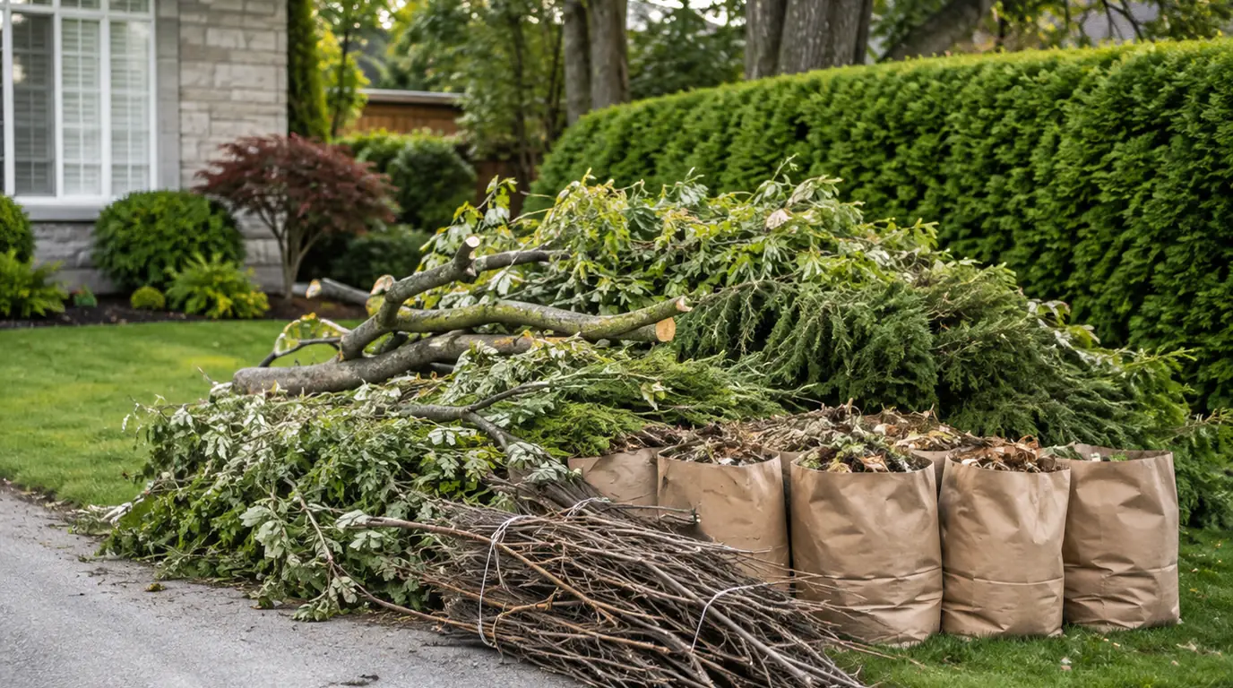 Branches, brush and bagged yard debris staged at a residential property for cleanup