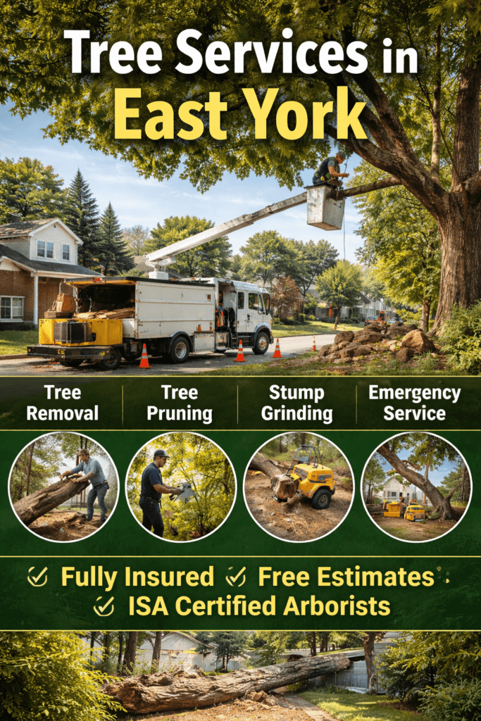 East York tree services showing tree removal, pruning, stump grinding, and emergency service icons with arborist at work