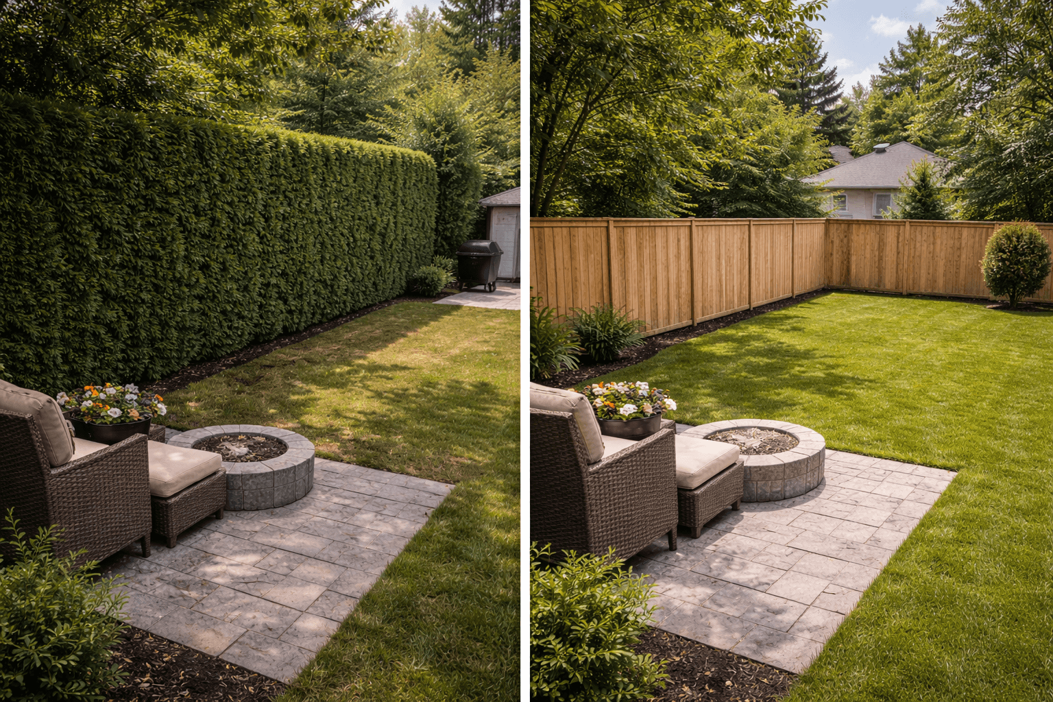 Ajax Ontario backyard transformed after cedar hedge removal and new fence installation