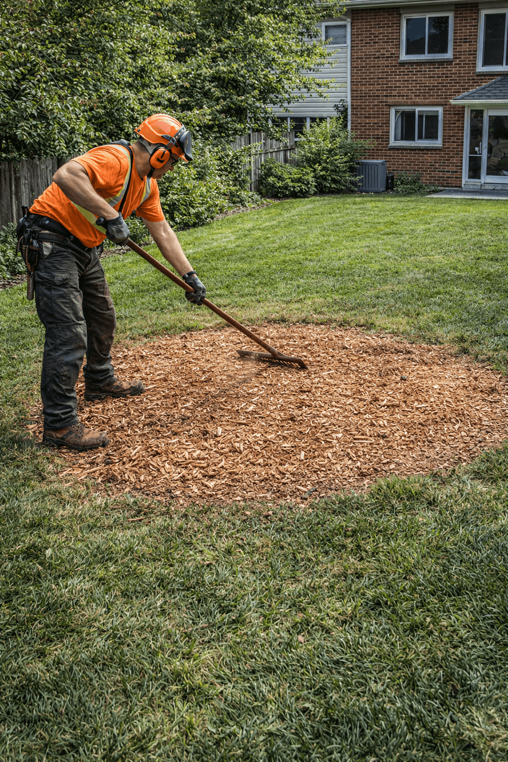 Crew member levelling wood chip fill in the cavity after stump grinding in Ajax Ontario