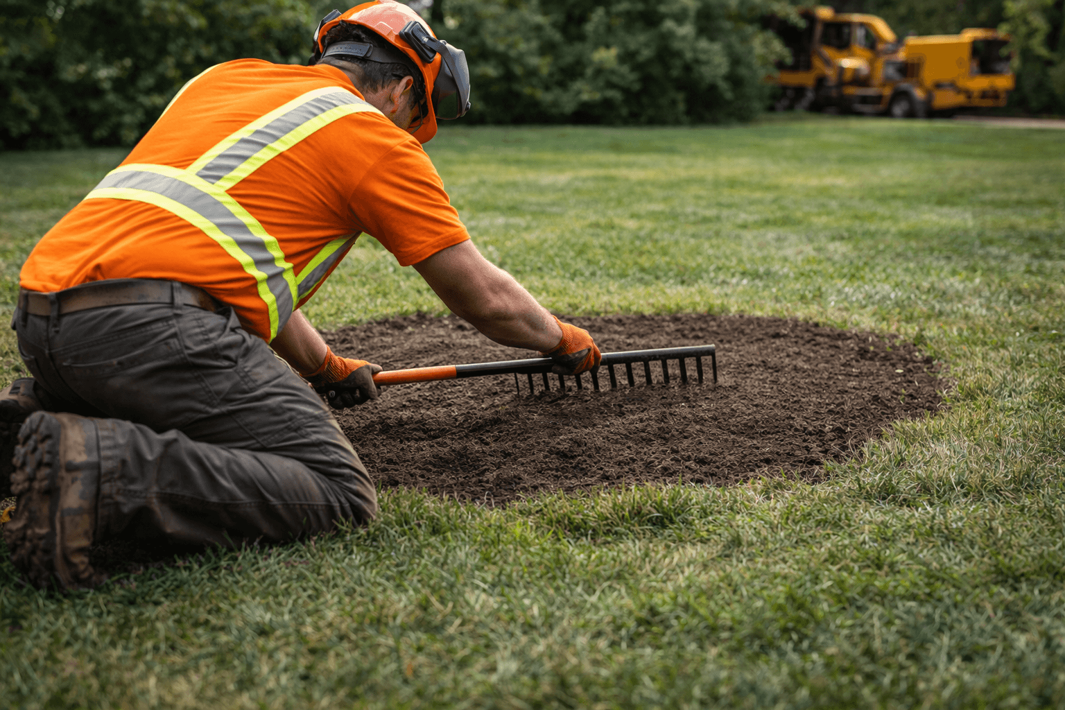 Fresh wood chips filling a stump hole after stump grinding in Mississauga Ontario