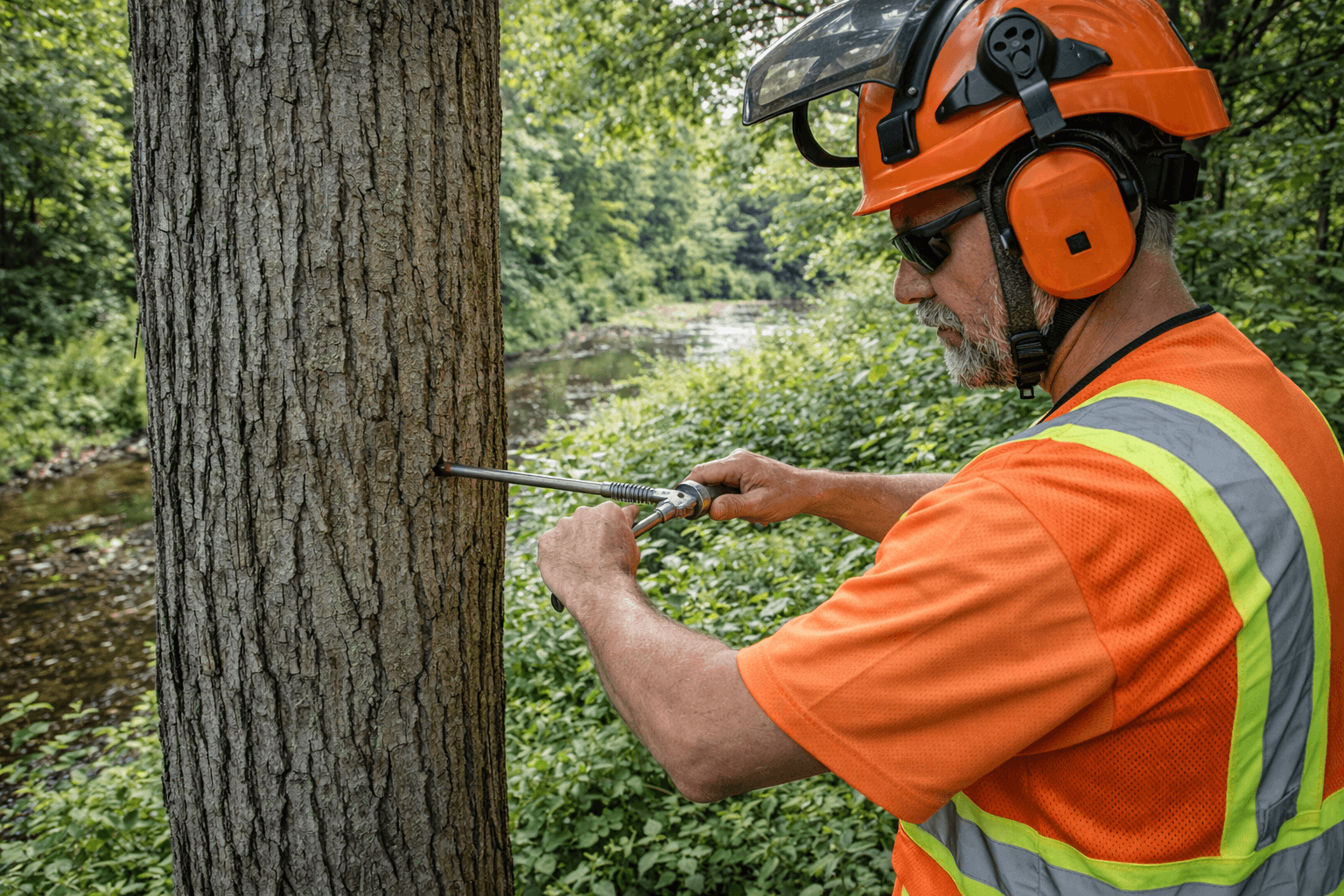 Certified arborist assessing a mature tree near the Duffins Creek corridor in Ajax Ontario