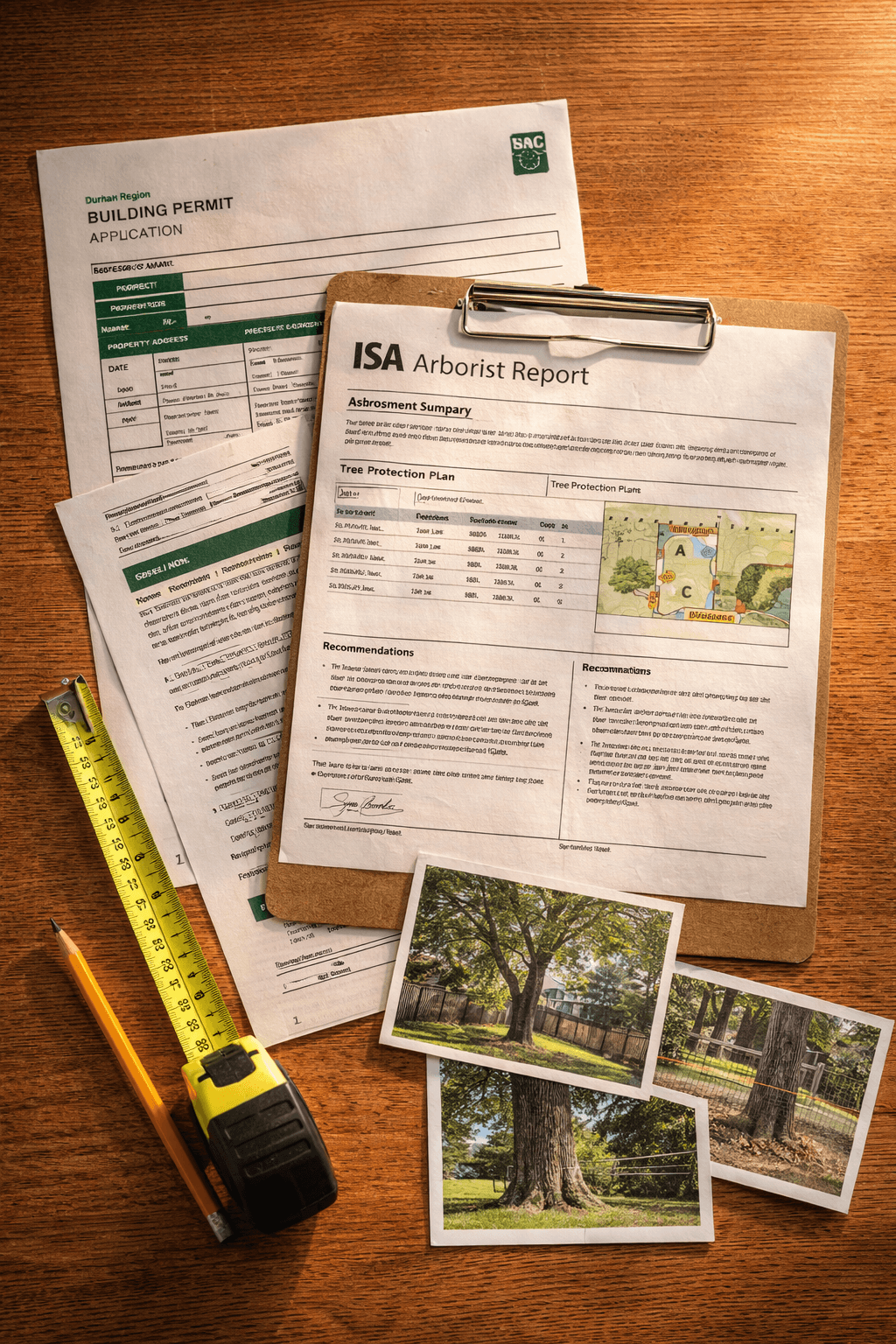 Completed arborist report and permit documents laid out on a desk for an Ajax Ontario tree removal