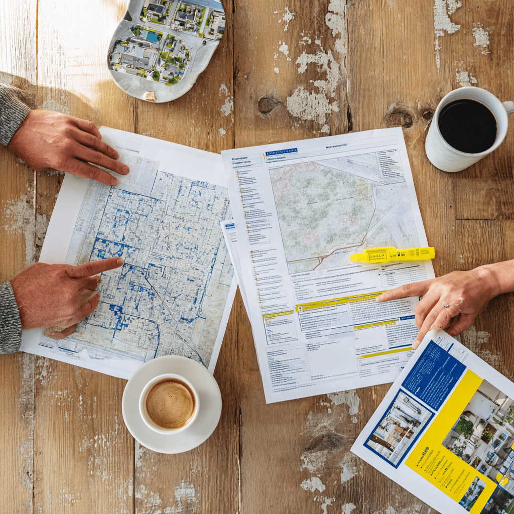 Ajax homeowner reviewing CLOCA permit requirements at a kitchen table with a Durham Region map and a laptop showing the CLOCA mapping portal