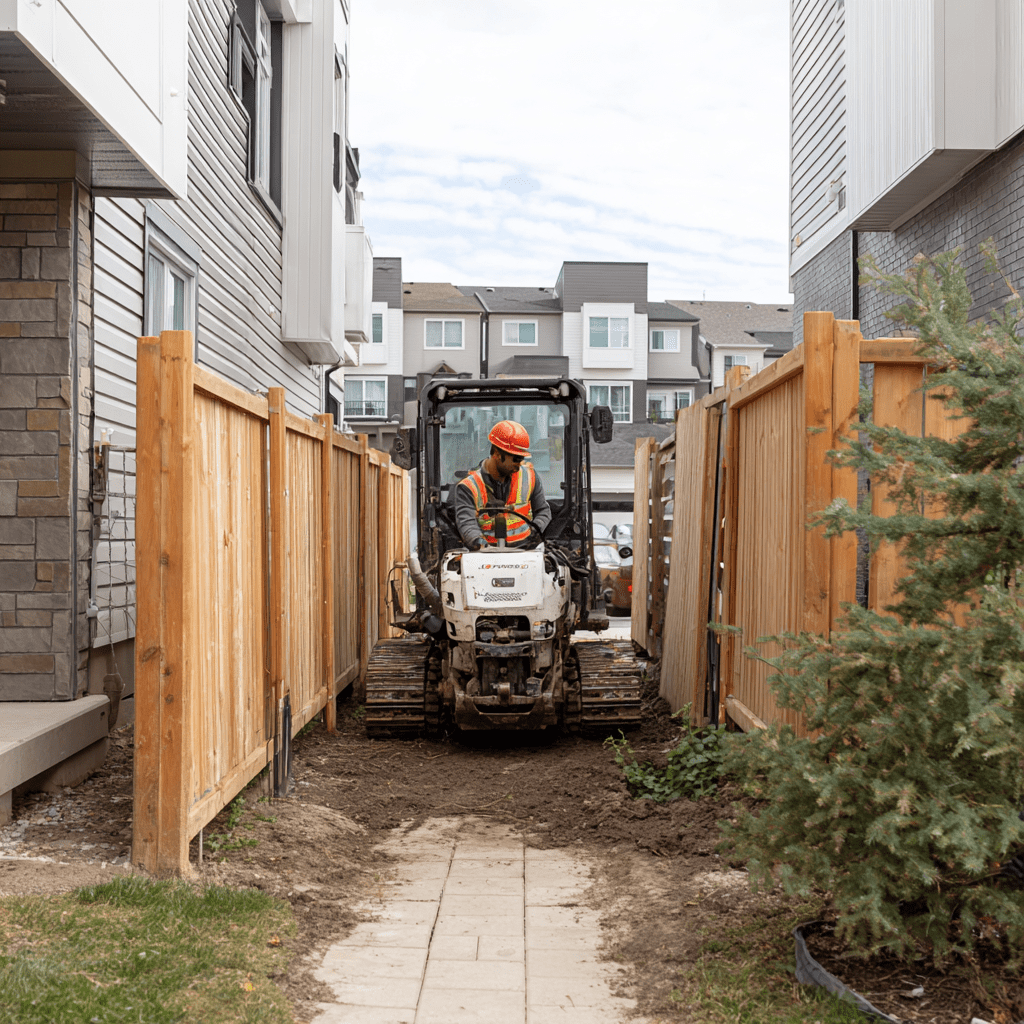 Compact stump grinder being guided through a narrow townhouse gate in Ajax