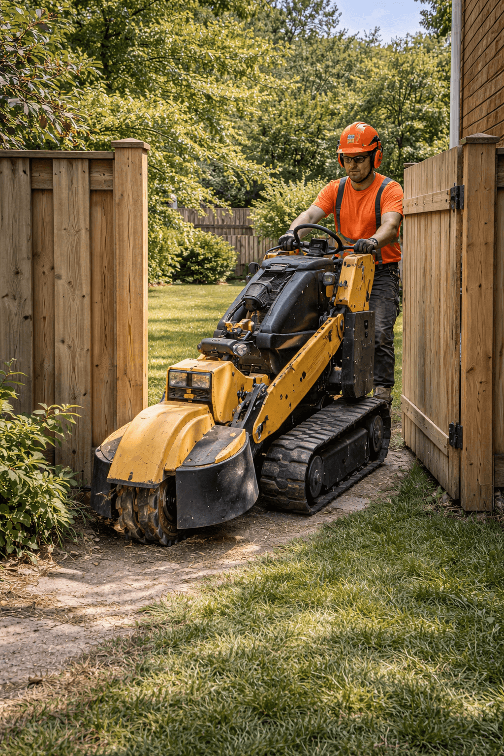 Compact stump grinder fitting through a residential backyard gate in Ajax Ontario