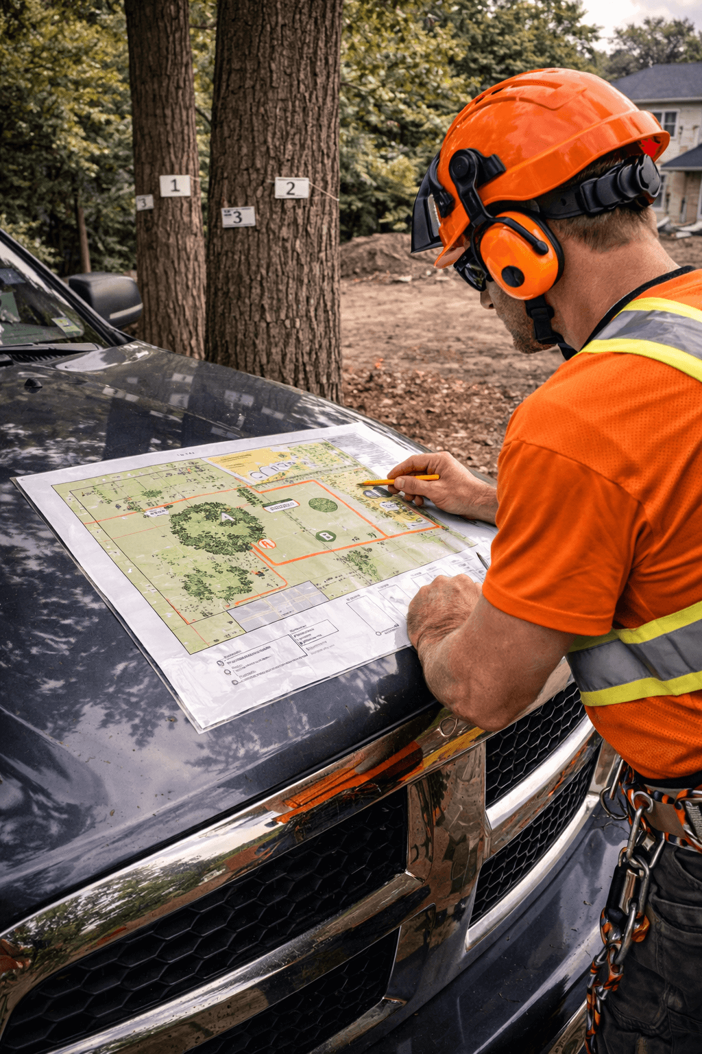 Arborist reviewing a tree inventory map on the hood of a truck at an Ajax Ontario development site
