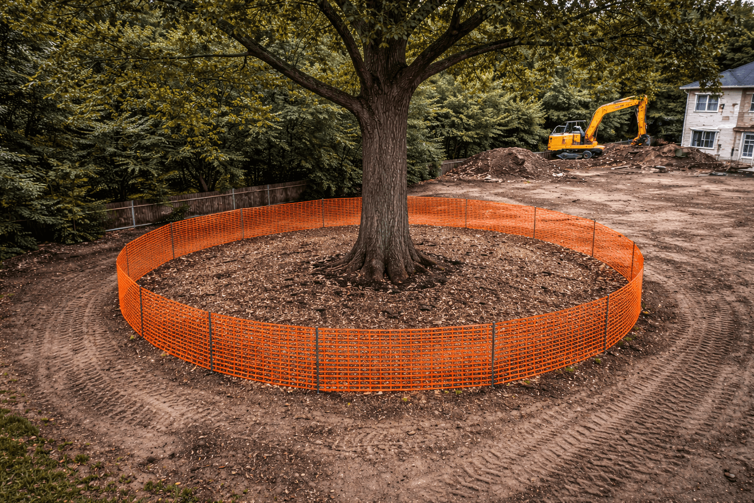 Orange tree protection fencing installed at the drip line of retained trees at an Ajax Ontario construction site