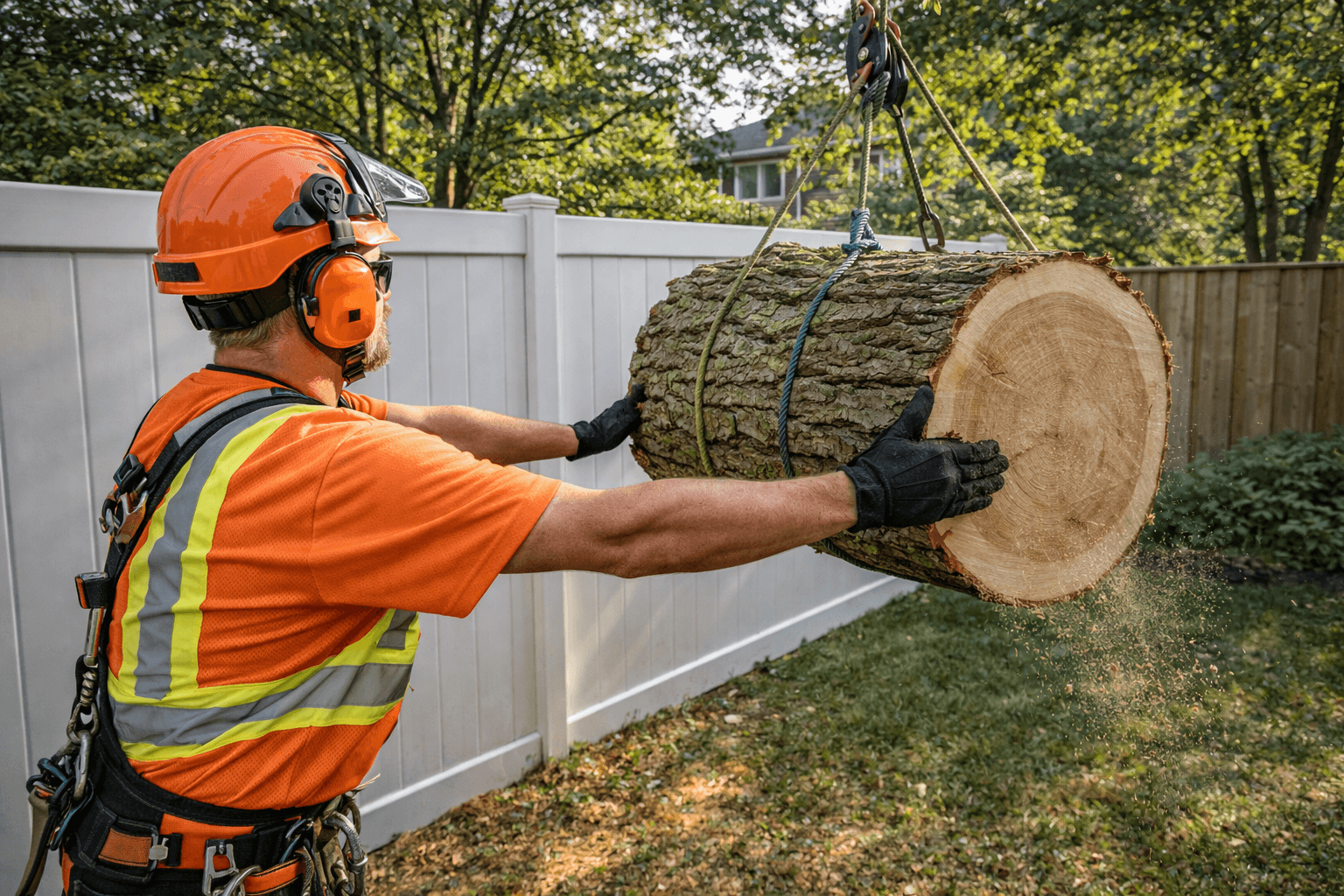 Sectional tree removal in progress next to a vinyl fence in Ajax Ontario