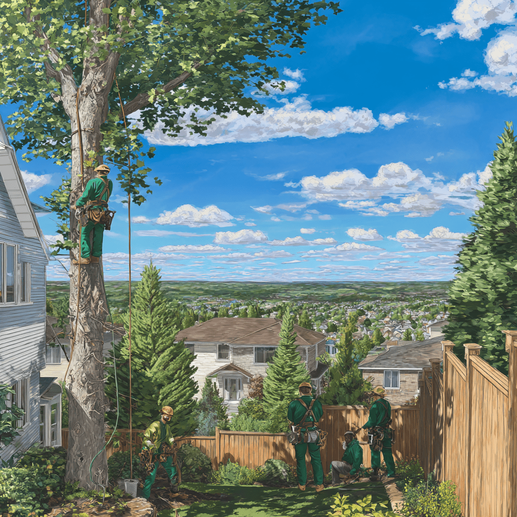 Independent tree care workers at an Ajax residential property with mature trees near a valley setting