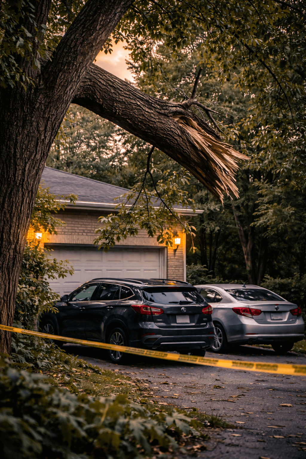 Large partially broken branch hanging dangerously over an Ajax Ontario residential driveway