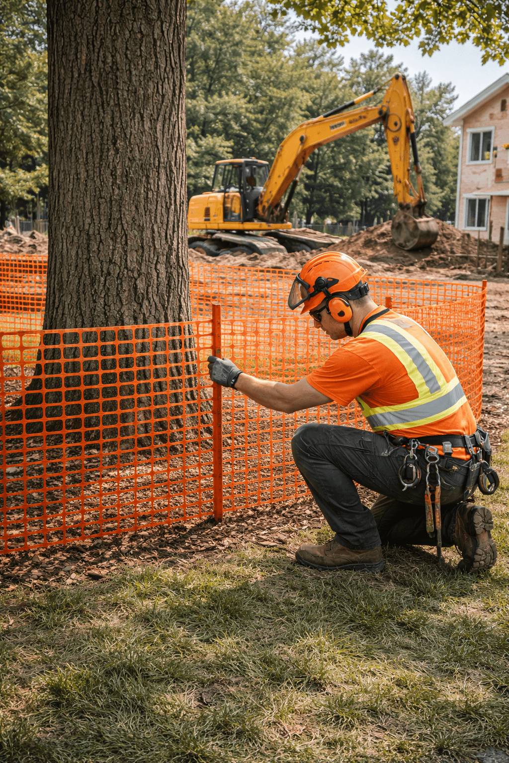 Arborist inspecting tree protection fencing at an Ajax Ontario construction site
