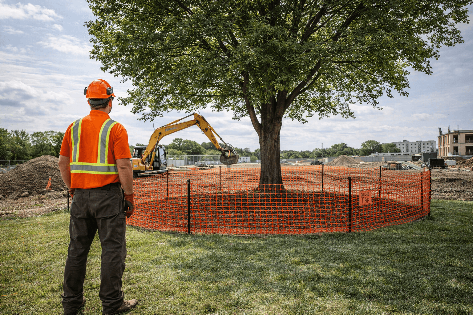 Arborist on a Mississauga construction site checking tree protection measures